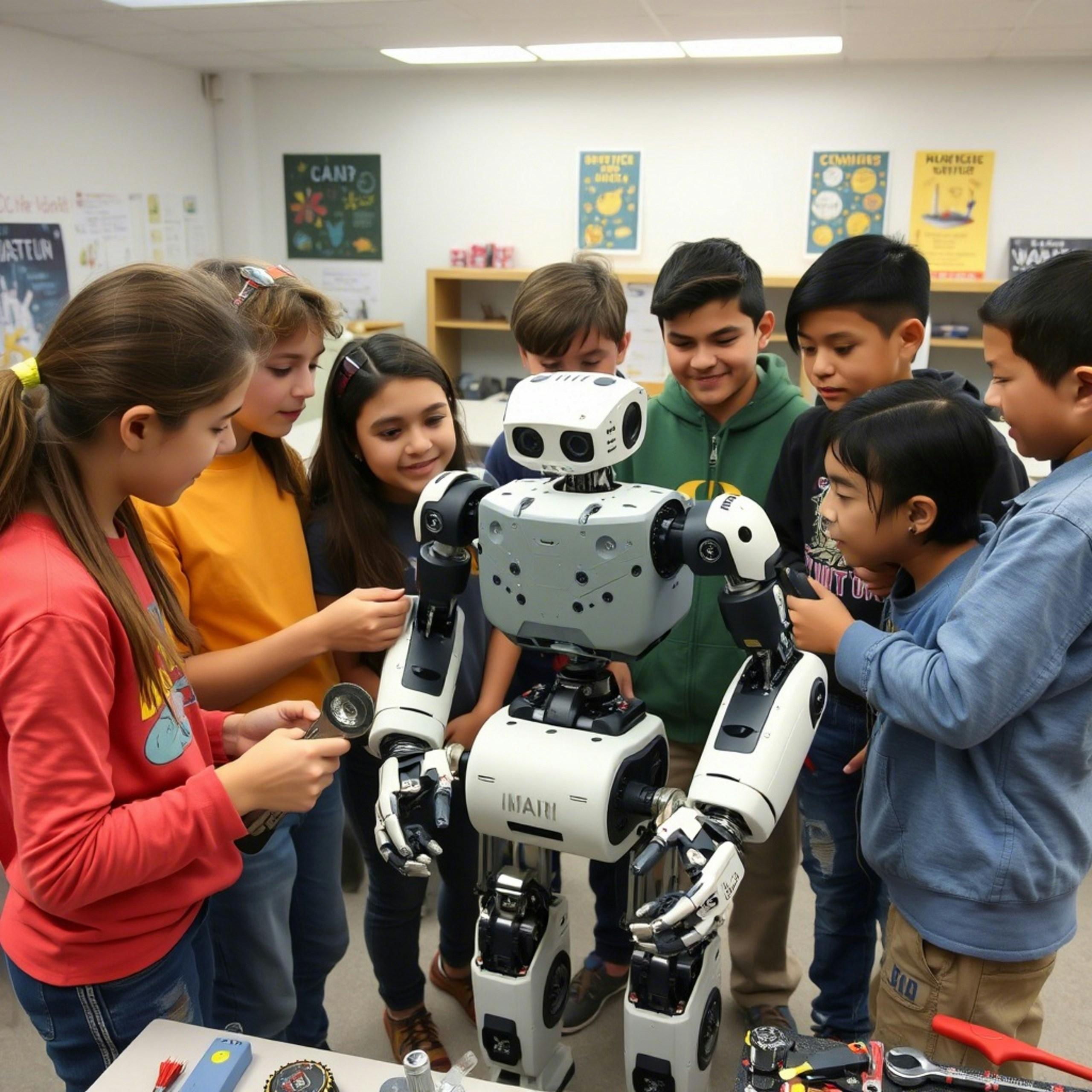 Students building physical robotic configurations